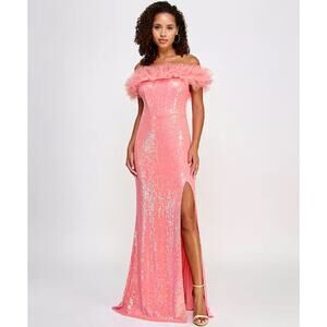 pear culture Juniors' Tulle-Trim Off-The-Shoulder Sequin Gown